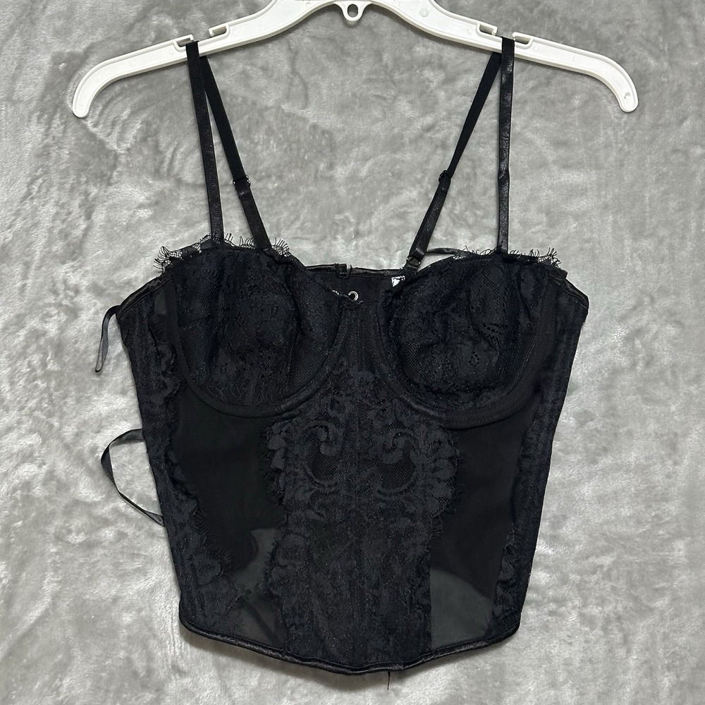 Black Lace Mesh Boned Bustier Corset Top Womens Size L Goth Whimsygoth Vampire